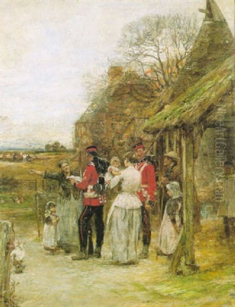 Soldiers With Family Before A Cottage Oil Painting by John Robertson Reid