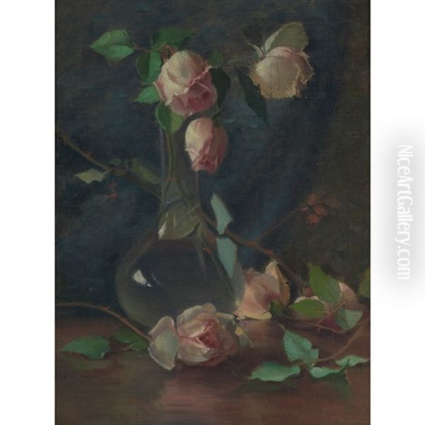 Still Life With Pink Roses Oil Painting by Mary Augusta Hiester Reid