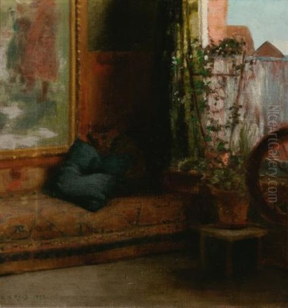 Interior With Spinning Wheel Oil Painting by Mary Augusta Hiester Reid