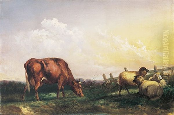 Weidelandschaft Mit Kuh Und Schafen Neben Gatter. Prachtvolle Morgendliche Beleuchtung Oil Painting by Robert Payton Reid