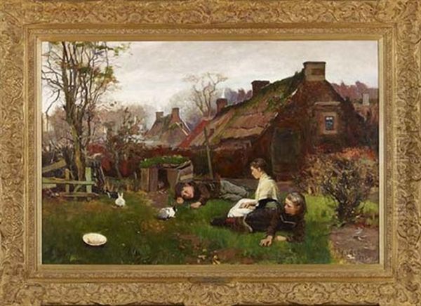 Country Village View Of Children Playing With Rabbits Oil Painting by Robert Payton Reid