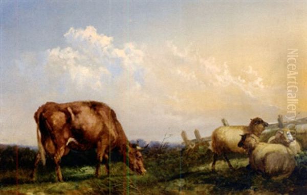 Weidelandschaft Mit Kuh Und Schafen Neben Gatter Oil Painting by Robert Payton Reid