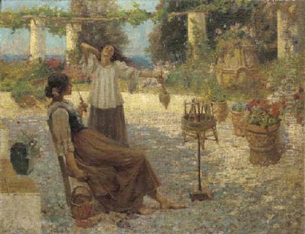 Spinning Wool Under A Flowering Italianate Pergola Oil Painting by Robert Payton Reid