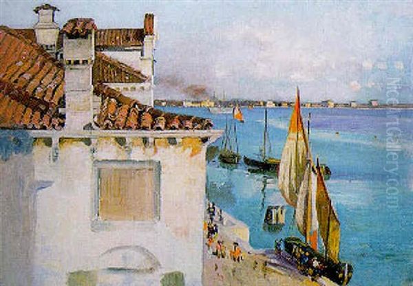 A Continental Sea Port With Figures On A Promenade Oil Painting by Robert Payton Reid