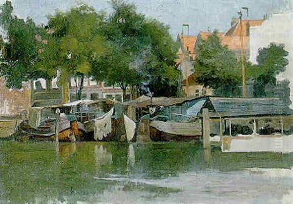 Barges On A Sunlit Canal, Amsterdam Oil Painting by Robert Payton Reid