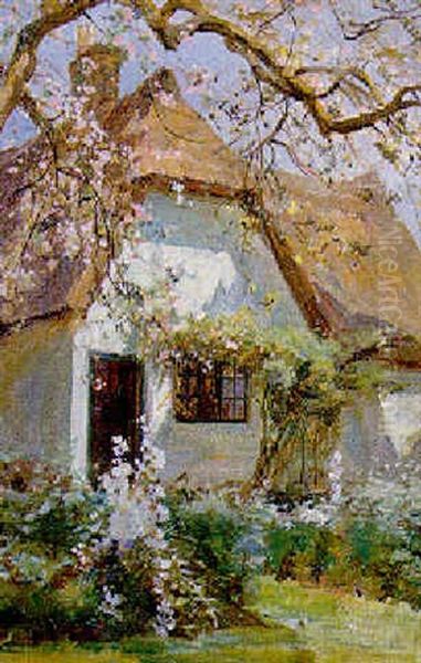 A Thatched Cottage, Springtime Oil Painting by Robert Payton Reid