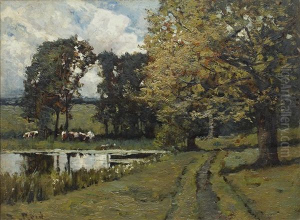 Cattle Grazing By A Woodland Pool Oil Painting by Samuel Reid