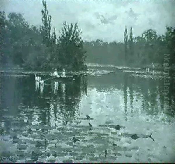 Boating On Kelsey Manor Lake Oil Painting by Samuel Reid