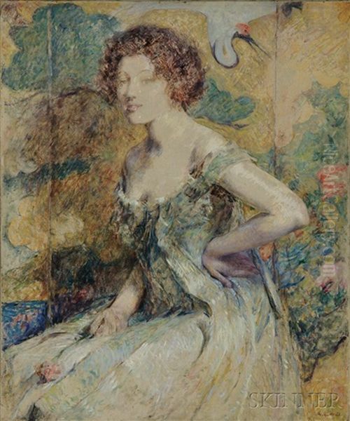 Woman Seated Before A Japanese Screen Oil Painting by Robert Reid