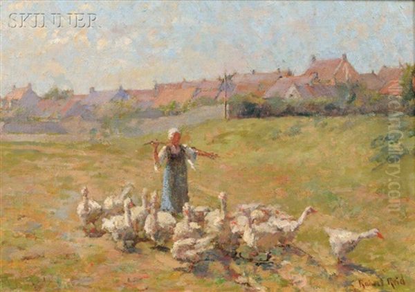 Peasant Girl With Geese Oil Painting by Robert Reid