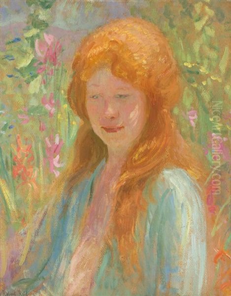 Portrait Of A Young Girl In A Garden Oil Painting by Robert Reid