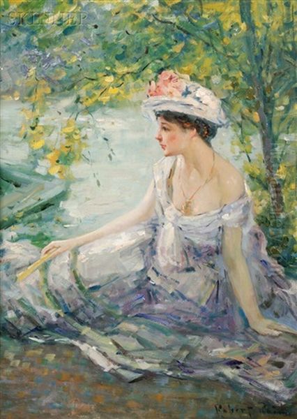 Summer Reverie/young Woman At Ease On A Riverbank by Robert Reid