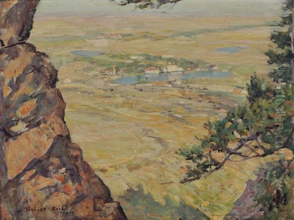 View Of The Broadmoor Hotel (from Cheyenne Mountain) Oil Painting by Robert Reid