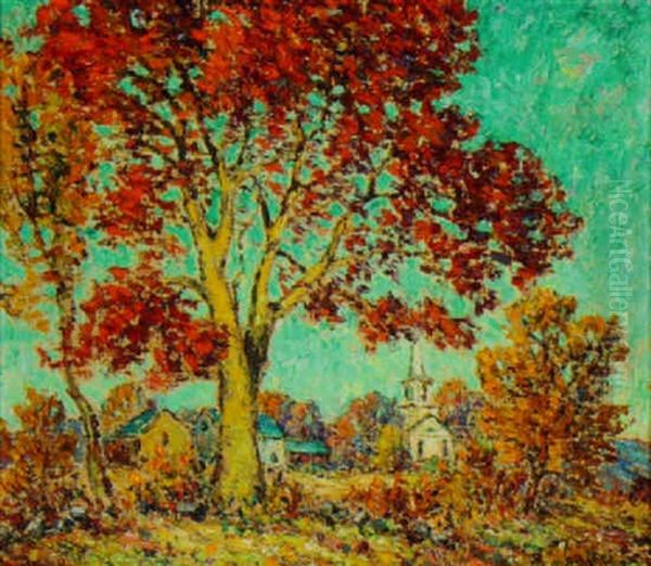 New England Autumn Landscape With Church Oil Painting by Robert Reid