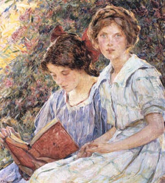 Two Women Reading Oil Painting by Robert Reid