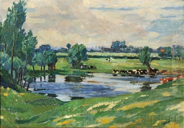 Pasture With Cattle Wading Oil Painting by Charles Reiffel