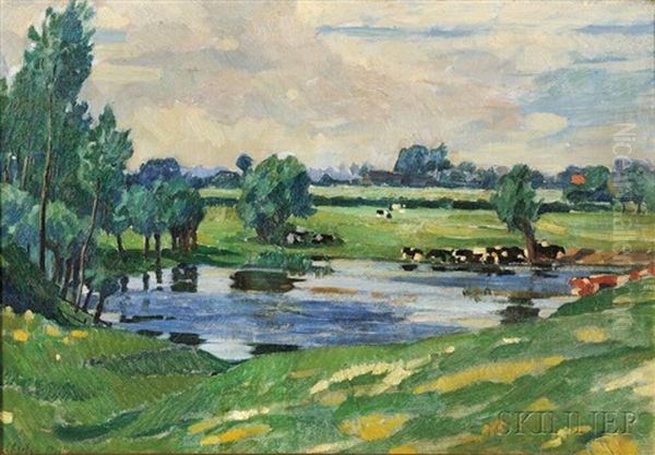 Pasture With Cattle Wading Oil Painting by Charles Reiffel