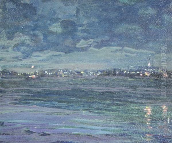 Coastal Nocturnal Scene (+ Old Maddochs Wharf, Boothbay Harbor, Maine, September 1923, Graphite, Lrgr; 2 Works) Oil Painting by Charles Reiffel