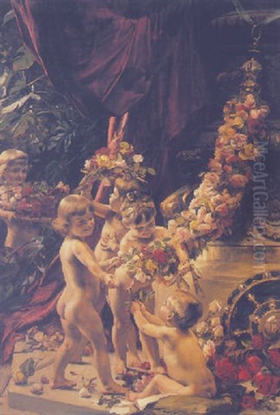 Cherubs Binding Flowers Oil Painting by Leo Reiffenstein