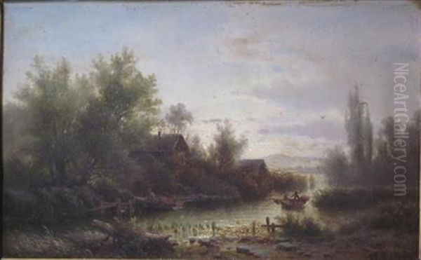 River Landscape With Figures In A Barge Oil Painting by Albert Reigner