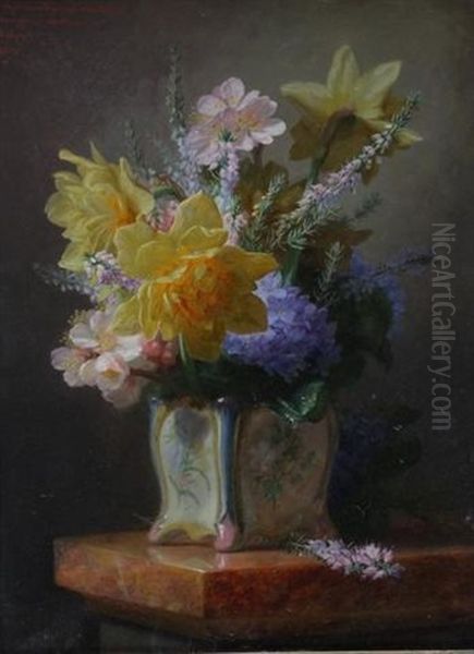 Vase De Fleurs Sur Un Entablement Oil Painting by Jean Marie Reignier