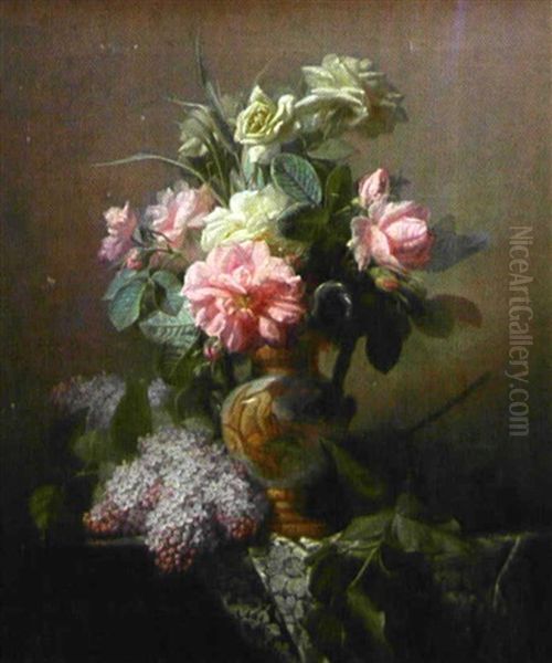 Vase De Fleurs Pose Sur Un Entablement Oil Painting by Jean Marie Reignier