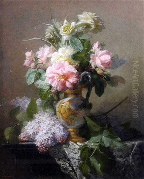 Vase De Fleurs Pose Sur Un Entablement Oil Painting by Jean Marie Reignier