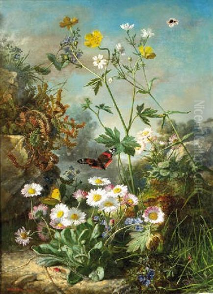 Daisies, Buttercups, And Forget-me-nots On A Forest Floor, With Butterflies Oil Painting by Jean Marie Reignier