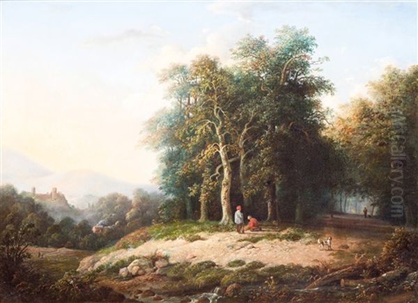 Wood Gatherers In A Hilly Countryside Oil Painting by Izaac Reijnders