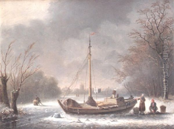 Figures By A Houseboat In A Frozen River Landscape Oil Painting by Izaac Reijnders