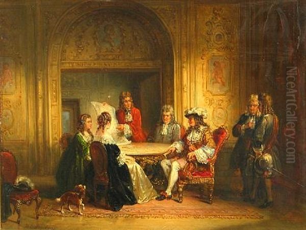 Elegant Figures Around A Table Oil Painting by Henricus Engelbertus Reijntjens