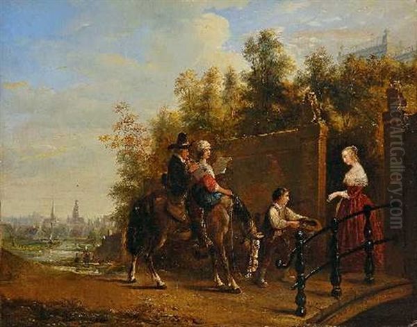 Bettelmusikanten Zu Pferd, Von Einer Jungen Dame Mit Einem Almosen Fur Ihre Darbietung Belohnt Oil Painting by Henricus Engelbertus Reijntjens