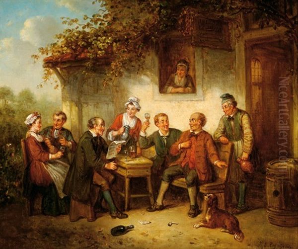 Merry Company In Front Of An Inn Oil Painting by Henricus Engelbertus Reijntjens