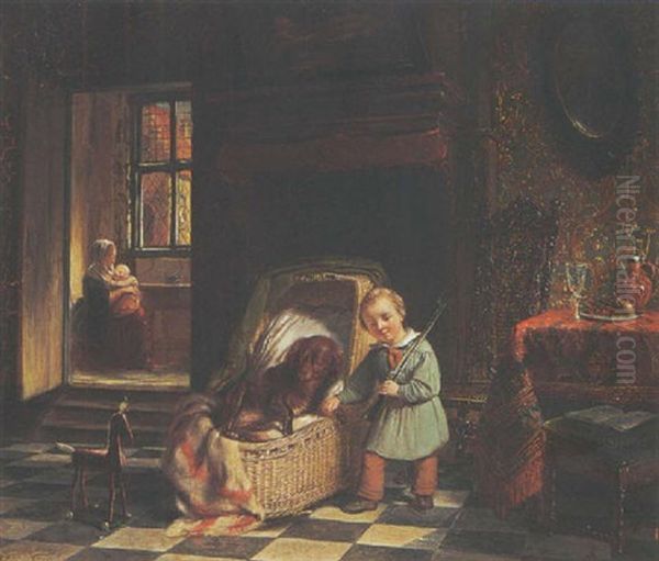 A Child Playing In An Interior Oil Painting by Henricus Engelbertus Reijntjens