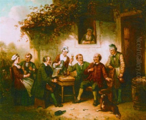 A Merry Company In Front Of A Farm Oil Painting by Henricus Engelbertus Reijntjens