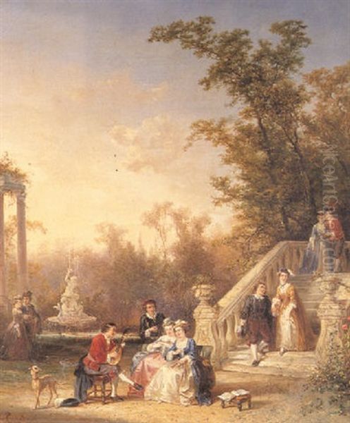 Elegant Figures In A Park Oil Painting by Henricus Engelbertus Reijntjens