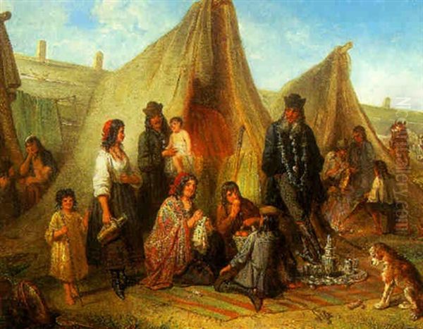 A Gipsy-encampment Oil Painting by Henricus Engelbertus Reijntjens