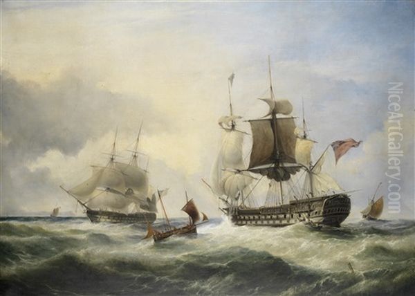 An English Fourth Rate Hove To For A Pilot In The Channel Oil Painting by George Philip Reinagle