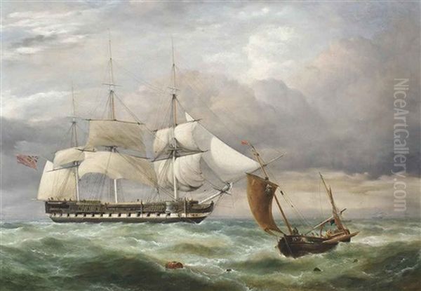 An East Indiaman Hove-to In The Channel With A Boulogne Lugger Passing By Oil Painting by George Philip Reinagle