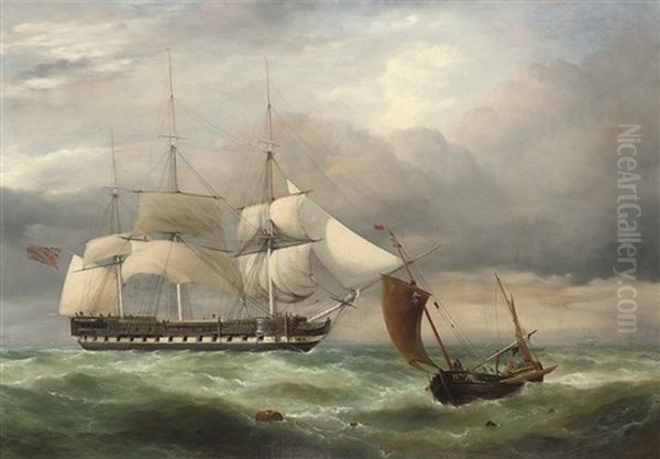 A Merchantman Hove-to In The Channel, With A Boulogne Lugger Passing By Oil Painting by George Philip Reinagle