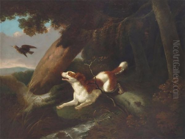 A Spaniel Chasing A Woodcock In A Wood, A Hunter Beyond Oil Painting by Philipp Reinagle