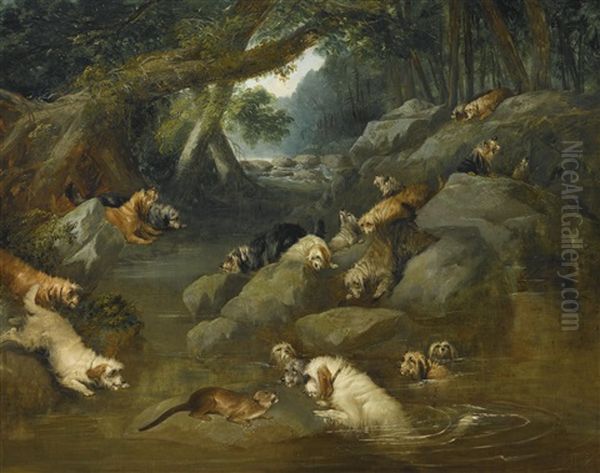 An Otter Hunt Oil Painting by Philipp Reinagle