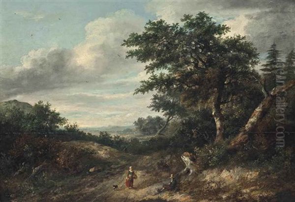 A Wooded Landscape With Travellers On A Path by Philipp Reinagle