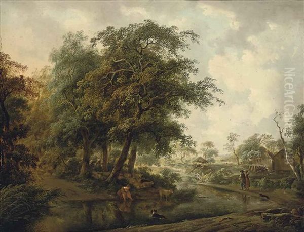 A Wooded River Landscape With Travellers On A Track, A Shepherdess And Her Flock On A Bank by Philipp Reinagle