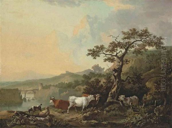 A River Landscape With Livestock, A Wagon On A Track Beyond by Philipp Reinagle