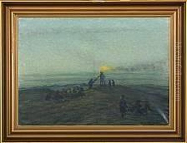 (only Danish Text Available): Sankt Hans Bal Ved Taarnby Klit, Hirtshals Oil Painting by Christian Bonnesen