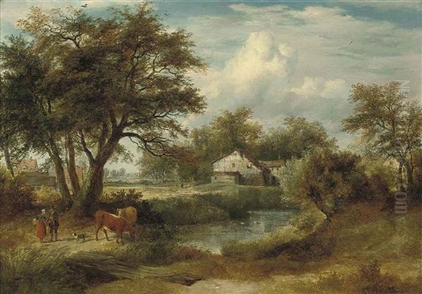 A Wooded River Landscape, Two Figures With Their Cattle Conversing By A Bridge, A Cottage Beyond Oil Painting by Philipp Reinagle