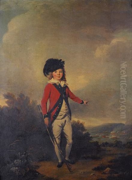 Portrait Of John Windham Dalling As A Young Boy, Dressed In The Uniform Of A Militiaman, Holding A Rifle, Standing In A Landscape And Pointing To A Military Exercise Between Redcoats In The Distance Oil Painting by Philipp Reinagle