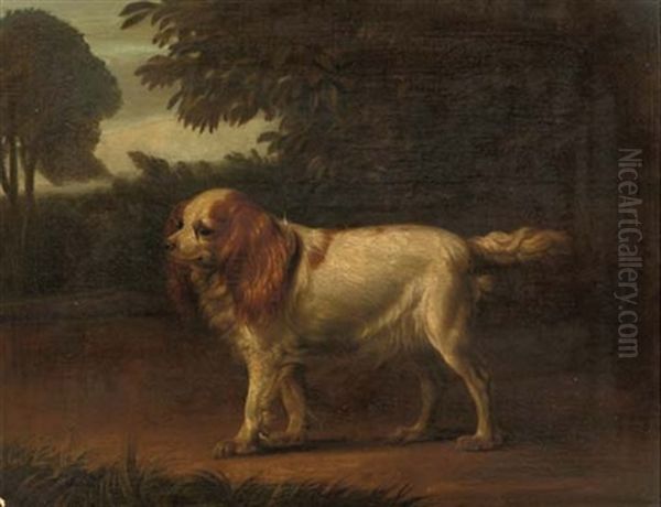 A Spaniel, Queen Charlotte's Dog (?), In A Landscape (+ Another; 2 Works) Oil Painting by Philipp Reinagle