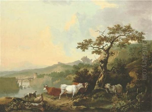 A River Landscape With Livestock And A Rustic Couple, A Wagon On The Road Beyond Oil Painting by Philipp Reinagle